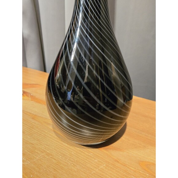 Vintage Murano Italy MCM Vase Black W/ Gray Swirls, 11.5” H - Picture 2 of 6